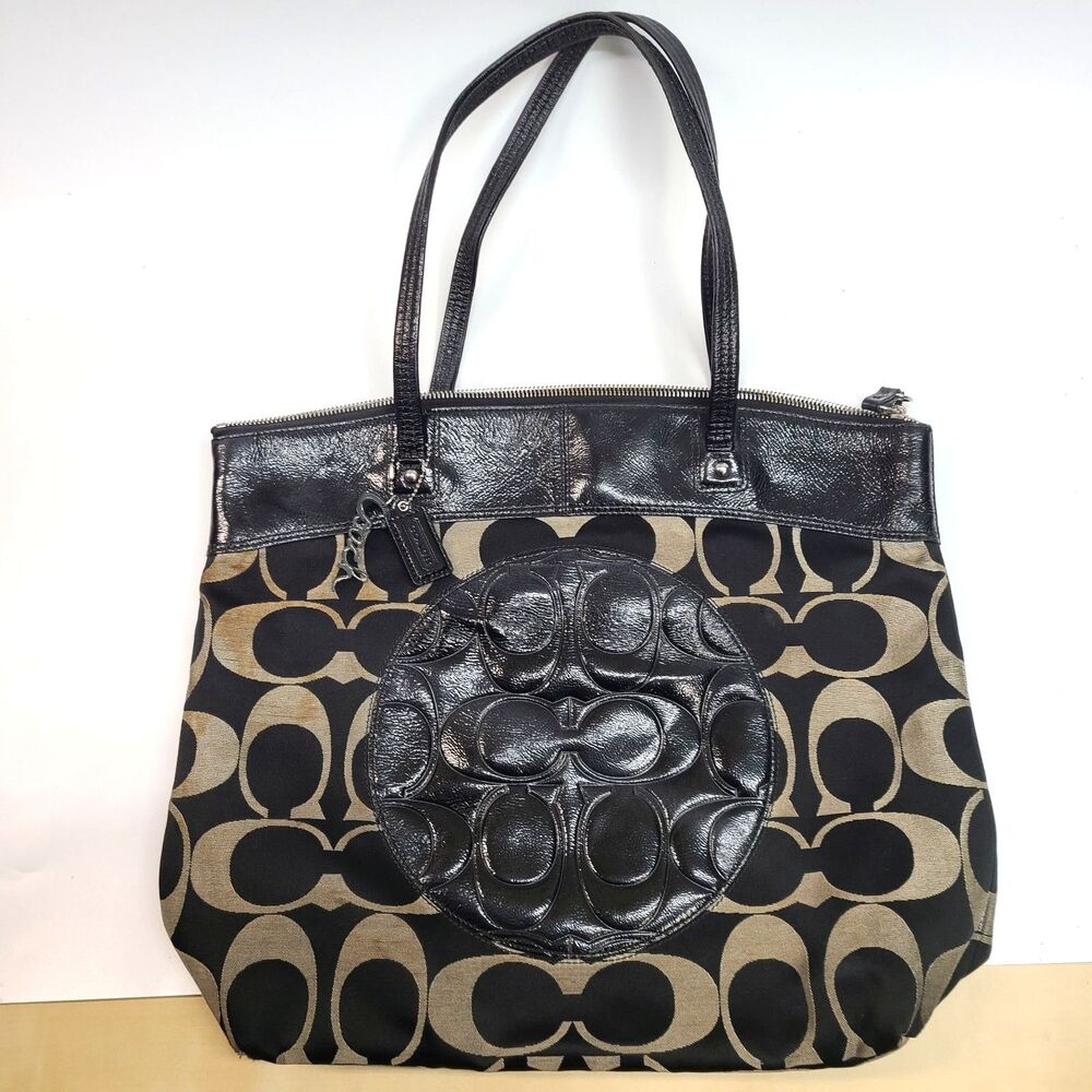 Coach Black Laura Signature C Jacquard Patent Leather Tote Bag F18335